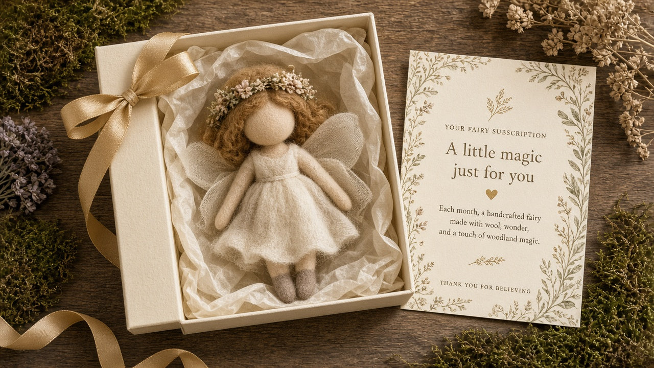 Felted fairy wrapped in tissue with parchment story card