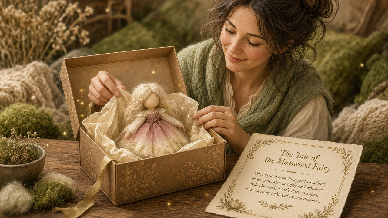 A woman opening a magical surprise fairy box with a felted wool fairy nestled in tissue and a parchment story card