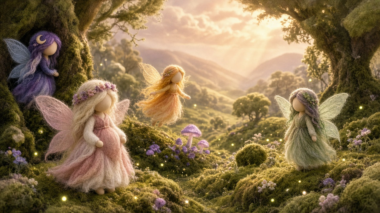 Enchanted felted woodland with tiny wool fairies among glowing mushrooms and soft golden light
